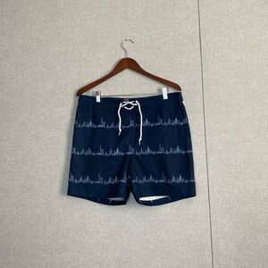 NWOT Original Penguin Blue Swim Trunks with Skyline Pattern
